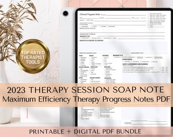 May include: A printable and digital PDF bundle of therapy session SOAP notes. The document includes sections for objective session data, assessment data, safety assessment and planning, and a list of therapy types. The document is titled "2023 Therapy Session SOAP Note Maximum Efficiency Therapy Progress Notes PDF".