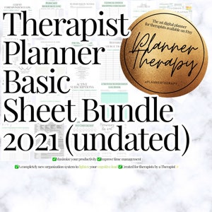 Może przedstawiać: Zestaw cyfrowych planerów dla terapeutów zatytułowany "Therapist Planner Basic Sheet Bundle 2021 (undated)". Planer zawiera złotą naklejkę z tekstem "Planner Therapy" i sloganem "The 1st digital planner for therapists available on Etsy".