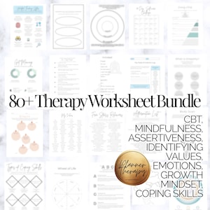 Może przedstawiać: Zestaw ponad 80 arkuszy ćwiczeń terapeutycznych dla zdrowia psychicznego i dobrego samopoczucia. Arkusze ćwiczeń obejmują takie tematy jak CBT, uważność, asertywność, identyfikacja wartości, emocje, rozwój, nastawienie i umiejętności radzenia sobie ze stresem. Arkusze ćwiczeń mają pomóc osobom w rozwijaniu samoświadomości, radzeniu sobie ze stresem i poprawie ogólnego samopoczucia.