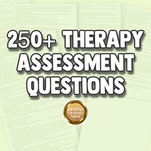 Peut inclure: Un fond vert et blanc avec un sceau doré qui dit "Top Rated Therapist Tools". Le texte "250+ Therapy Assessment Questions" est en grandes lettres noires, en gras.
