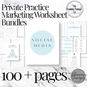 Peut inclure: Un lot de feuilles de travail de marketing bleu et blanc pour les cabinets privés. Le lot comprend plus de 100 pages de feuilles de travail, de modèles et de listes de contrôle pour vous aider à développer votre entreprise. La couverture présente le texte "Private Practice Marketing Worksheet Bundles" et "Social Media".