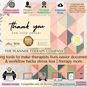 May include: A thank you card for an order of therapist planner tools. The card features a geometric pattern in shades of pink, peach, and beige. The text "Thank you for your order!" is written in a bold, black font. The card also includes the company name "The Planner Therapy Company" and the tagline "Creating tools to make therapists lives easier documentation & workflow hacks stress less | therapy more".