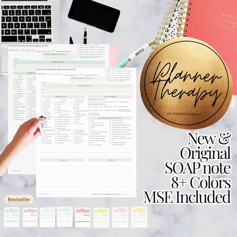 May include: Printable psychotherapy progress note template with sections for subjective, objective, assessment, plan, and goals. The template is available in 8+ colors and includes MSE. The text "Planner Therapy" is in a gold circle.
