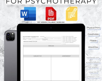 May include: A digital template for SOAP progress notes for psychotherapy. The template is designed for use with Goodnotes, Fillable, and Word Doc. It includes sections for date, client, location, clinician, time, medication status, goals, subjective, objective, assessment, and plan. The template is compatible with all digital software and is printer friendly.