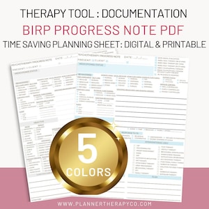 Könnte beinhalten: Eine druckbare PDF-Vorlage für Therapie-Fortschrittsnotizen mit einem goldenen Kreis in der Mitte, auf dem "5 Farben" steht. Die Vorlage soll Therapeuten helfen, den Fortschritt ihrer Klienten zu dokumentieren und enthält Abschnitte für den Medikamentenstatus, das Verhalten, das Ziel, die Reaktion auf die Behandlung, die eingesetzten Interventionen und einen Plan.
