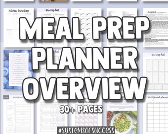 May include: A collage of printable pages for a meal prep planner. The pages include sections for kitchen inventory, grocery lists, weekly meal plans, and a 30-day eating challenge. The text "MEAL PREP PLANNER OVERVIEW" is in large white letters on a purple background.