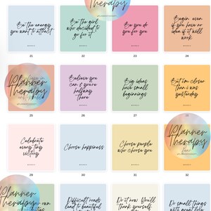 May include: A collage of 12 colorful square images with inspirational quotes about therapy and self-improvement. Each square has a different background color and a quote in black text. The quotes include "Be the energy you want to attract", "Believe you can & you're halfway there", "Choose happiness", and "Do it now. You'll thank yourself."