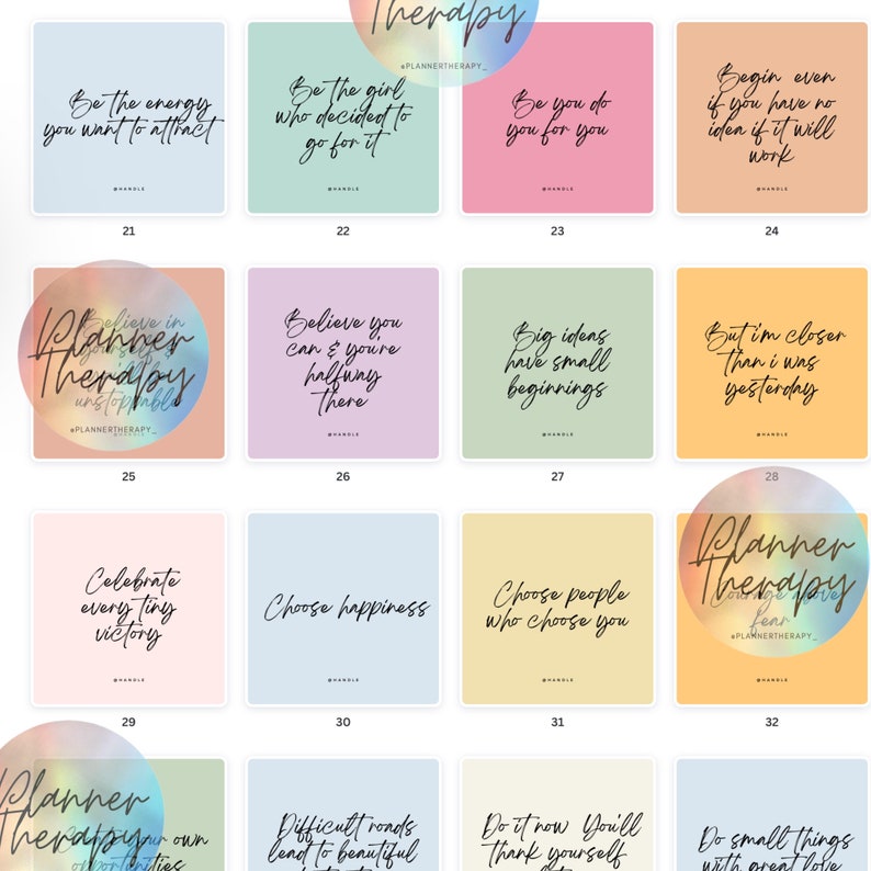 May include: A collage of 12 colorful square images with inspirational quotes about therapy and self-improvement. Each square has a different background color and a quote in black text. The quotes include "Be the energy you want to attract", "Believe you can & you're halfway there", "Choose happiness", and "Do it now. You'll thank yourself."