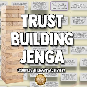 Puede incluir: Un juego de Jenga de terapia de construcción de confianza de madera con las palabras "Trust Building Jenga" en letras blancas grandes. El juego está diseñado como una actividad de terapia de pareja, con indicaciones en los bloques para fomentar la comunicación y la confianza.