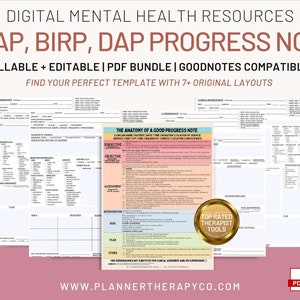 May include: A digital mental health resource bundle with printable progress note templates for SOAP, BIRP, and DAP methods. The bundle includes 7+ original layouts and is compatible with GoodNotes. The image shows a sample template with the title "The Anatomy of a Good Progress Note".