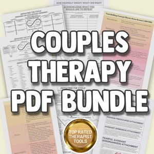Puede incluir: Un collage digital colorido de hojas de trabajo y recursos para terapia de pareja. El título "Couples Therapy PDF Bundle" está en letras grandes, negritas y blancas. Las hojas de trabajo incluyen temas como "romper el ciclo", "construir confianza" y "estilos de apego".