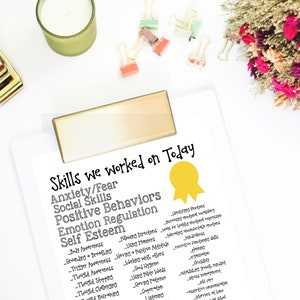 May include: A checklist titled "Skills we worked on Today" with a yellow star sticker. The list includes skills such as anxiety/fear, social skills, positive behaviors, emotion regulation, and self-esteem.