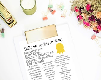 May include: A checklist titled "Skills we worked on Today" with a yellow star sticker. The list includes skills such as anxiety/fear, social skills, positive behaviours, emotion regulation, and self-esteem.