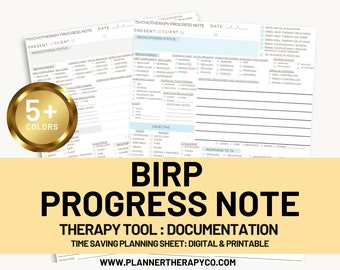 May include: A printable therapy progress note template with the title "BIRP Progress Note" and the text "Therapy Tool: Documentation" and "Time Saving Planning Sheet: Digital & Printable". The template is designed to help therapists document client progress and includes sections for medication status, behaviors, physical functioning, emotion regulation, objective, and response to treatment. The template is available in 5+ colors.
