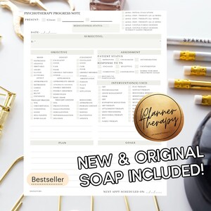 May include: A printable psychotherapy progress note template with sections for objective, assessment, patient status, response to treatment, interventions used, plan, and goals. The template is designed for therapists to track client progress and includes a "Bestseller" label and a "New & Original SOAP Included!" message.