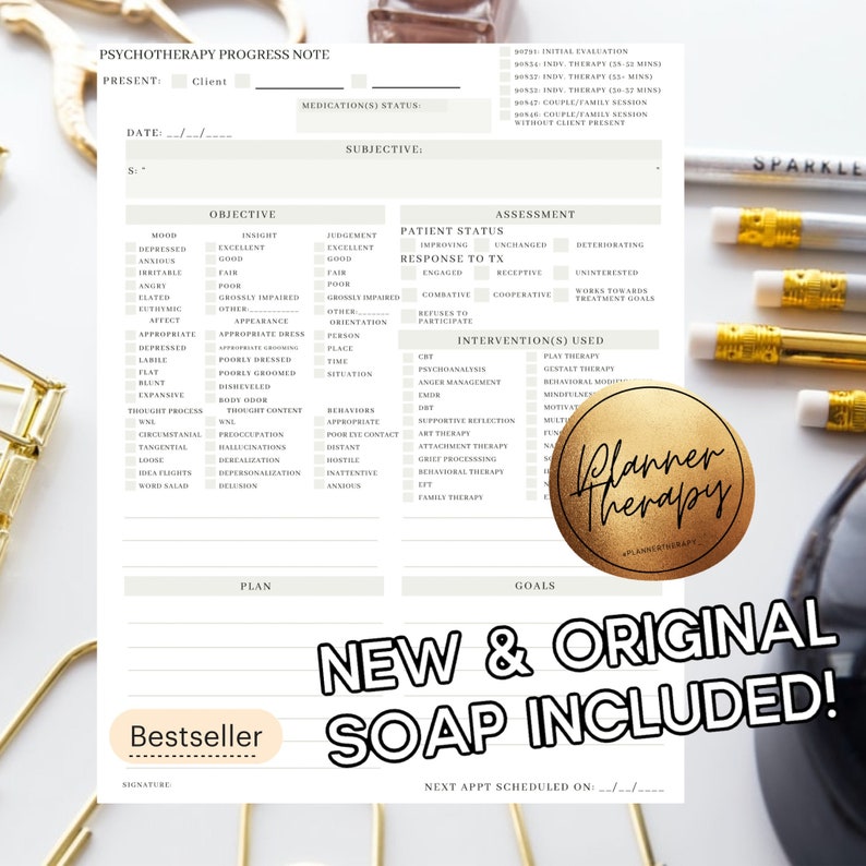 May include: A printable psychotherapy progress note template with sections for objective, assessment, patient status, response to treatment, interventions used, plan, and goals. The template is designed for therapists to track client progress and includes a "Bestseller" label and a "New & Original SOAP Included!" message.