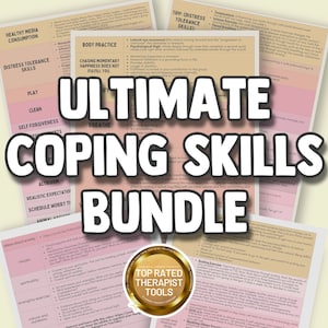 以下が含まれることがあります： 「Ultimate Coping Skills Bundle」という大きな太字で書かれたカラフルなポスター。ポスターには、呼吸法、自己赦し、健康的なメディア消費など、対処スキルの一覧が掲載されています。ポスターには、「Top Rated Therapist Tools」という文字が書かれた金色のシールも付いています。