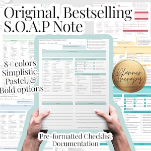 May include: A printable psychotherapy progress note template with a teal and white color scheme. The template includes sections for objective, subjective, assessment, plan, and goals. The text "Original, Bestselling S.O.A.P Note" is at the top of the page. The text "Pre-formatted Checklist Documentation" is at the bottom of the page.