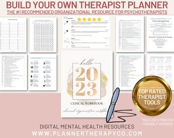 May include: A digital planner for therapists with a gold and pink 2023 design. The planner includes a clinical checklist, client status check list, time management, hours for clinical work recap, and a clinical workbook. The planner is available in a printable version.
