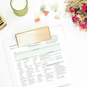 May include: A white clipboard with a green and white checklist for a psychotherapy session. The checklist includes sections for objective, subjective, assessment, interventions used, and notes. The clipboard is on a white surface with a gold stapler, a candle, and a bouquet of dried flowers.