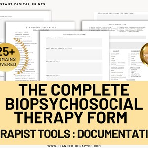 以下が含まれることがあります： 印刷可能なセラピーフォームのコレクション。バイオサイコソーシャルフォームとストレングスチェックリストが含まれています。セラピスト向けに設計されており、25以上のドメインと8ページ以上のクイックフィルページが含まれています。「The Complete Biopsychosocial Therapy Form」のテキストが表示されています。