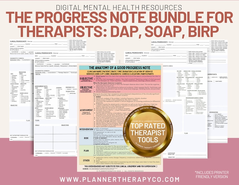 May include: A digital download of printable progress note templates for therapists. The templates are designed for use with the DAP, SOAP, and BIRP methods. The image shows a close-up of the "Anatomy of a Good Progress Note" section of the template, which includes sections for subjective, objective, assessment, intervention, plan, and other.