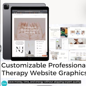 May include: A black tablet displays a website design for a psychological education center, showcasing various page layouts. The text "Customizable Professional Therapy Website Graphics" is visible below the tablet, with a Canva logo.
