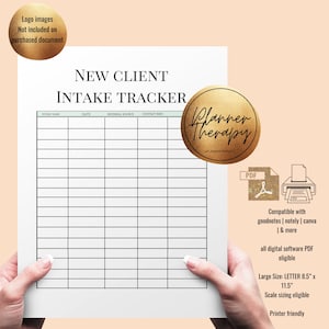 May include: A printable new client intake tracker with headings for intake name, date, referral source, and contact info. The tracker is compatible with digital software like Goodnotes, Notely, and Canva. The document is 8.5 inches by 11.5 inches and is printer friendly.