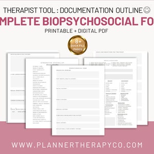 May include: A printable and digital biopsychosocial form for therapists. The form includes sections for strengths, presenting problem, medical history, daily history, and goals and objectives for treatment. The form is designed to be quick and easy to fill out, with 8+ pages.