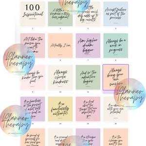May include: A grid of 16 colorful squares with inspirational quotes. Each square has a different color background and a black text quote. The quotes are about being kind, fearless, and authentic. The quotes are from Planner Therapy.