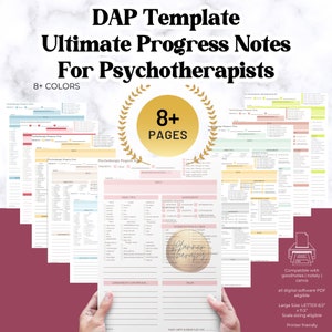 Puede incluir: Una plantilla de notas de progreso de psicoterapia imprimible en rosa y blanco con el texto "DAP Template Ultimate Progress Notes For Psychotherapists 8+ Colors 8+ Pages" y un gráfico de una corona con el texto "Planner Therapy".