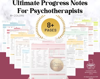May include: A pink and white printable psychotherapy progress notes template with the text "DAP Template Ultimate Progress Notes For Psychotherapists 8+ Colors 8+ Pages" and a graphic of a wreath with the text "Planner Therapy".