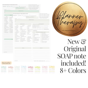 May include: A printable psychotherapy progress note template with sections for objective, subjective, assessment, plan, and goals. The template is available in 8+ colors and includes a new and original SOAP note. The template is labeled "Bestseller".