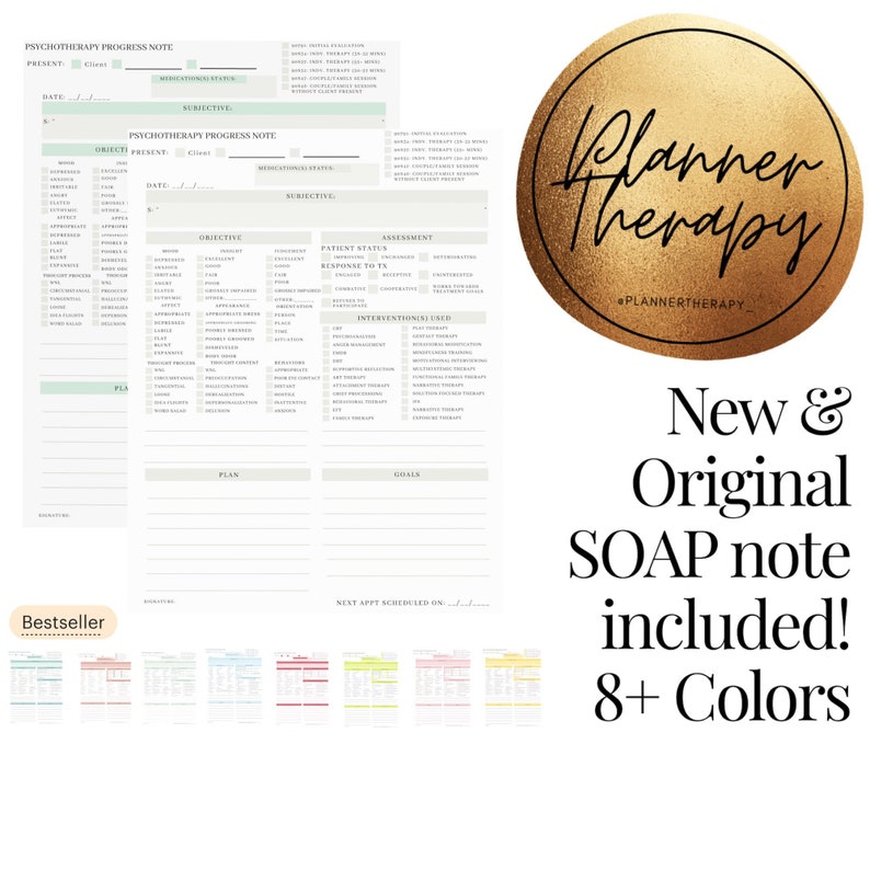 May include: A printable psychotherapy progress note template with sections for objective, subjective, assessment, plan, and goals. The template is available in 8+ colors and includes a new and original SOAP note. The template is labeled "Bestseller".