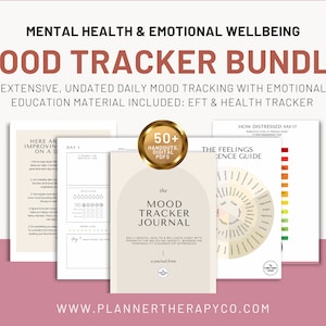 May include: A printable mood tracker bundle with 50+ digital handouts and PDFs. The bundle includes a daily mood tracker journal, a feelings wheel, and a guide to improving mental health. The text "Mental Health & Emotional Wellbeing Mood Tracker Bundle" is at the top of the image.