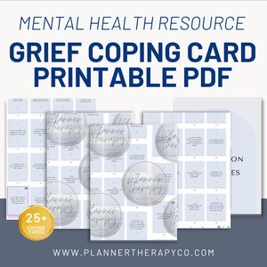 May include: Printable PDF download of 25+ grief coping cards. The cards feature a light blue background with a watercolor effect and the text "Planner Therapy" in a handwritten font. The cards are designed to help people cope with grief and loss.