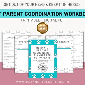 May include: A printable and digital pet care coordination workbook with 35 handouts. The workbook features a turquoise and white design with paw prints and bone graphics. The title is "Ultimate Pet Care Coordination Planner for Pet Parents".