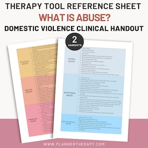 以下が含まれることがあります： 「虐待とは何か？」というタイトルと「家庭内暴力に関する臨床ハンドアウト」というサブタイトルが付いた、印刷可能なセラピー ツール リファレンス シート。シートは 2 つの列に分かれており、それぞれに異なる種類の虐待が記載されています。言葉による虐待、感情的な虐待、身体的な虐待、性的虐待、経済的な虐待、心理的な虐待。虐待の種類ごとに、その様子がわかる例が挙げられています。