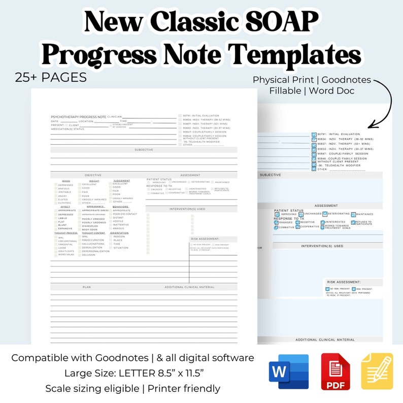 May include: A printable SOAP progress note template for therapists. The template is designed for use with Goodnotes and other digital note-taking apps. The template includes sections for subjective, objective, assessment, and plan. The template is 8.5 inches by 11.5 inches.
