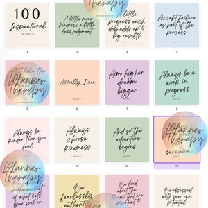 May include: A colorful grid of 12 square images with inspirational quotes. Each image has a different background color and a quote in black text. The quotes include "Act like the planner therapy", "Actually, I can", "Aim higher dream bigger", "Always be a work in progress", "Always be kinder than you feel", "Always choose kindness", "And so the adventure begins", "Planner therapy", "Be fearlessly authentic", "Be loud about the things that are important to", "Be obsessed with your own potential", and "Planner therapy".