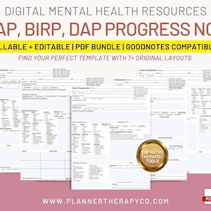 May include: A digital download of printable mental health progress note templates. The templates are compatible with GoodNotes and feature SOAP, BIRP, and DAP formats. The image shows a variety of templates with different layouts. The text "Top Rated Therapist Tools" is visible in a gold circle.