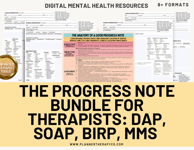 May include: A digital download bundle for therapists featuring progress note templates in various formats, including DAP, SOAP, BIRP, and MMS. The bundle includes a guide on how to write a good progress note.