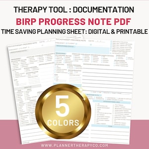 Könnte beinhalten: Ein digitales und druckbares BIRP-Fortschrittsnotiz-PDF mit dem Text "THERAPY TOOL: DOCUMENTATION" und "TIME SAVING PLANNING SHEET: DIGITAL & PRINTABLE". Das Design beinhaltet einen goldfarbenen Kreis mit der Zahl "5" und dem Wort "COLORS".
