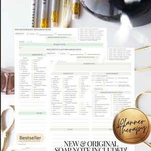 May include: A printable psychotherapy progress note template with a green and white color scheme. The template includes sections for objective, subjective, assessment, interventions used, and plan. The template also includes a section for medication status and a section for next appointment scheduling. The template is labeled "Bestseller" and "New & Original Soap Note Included!"