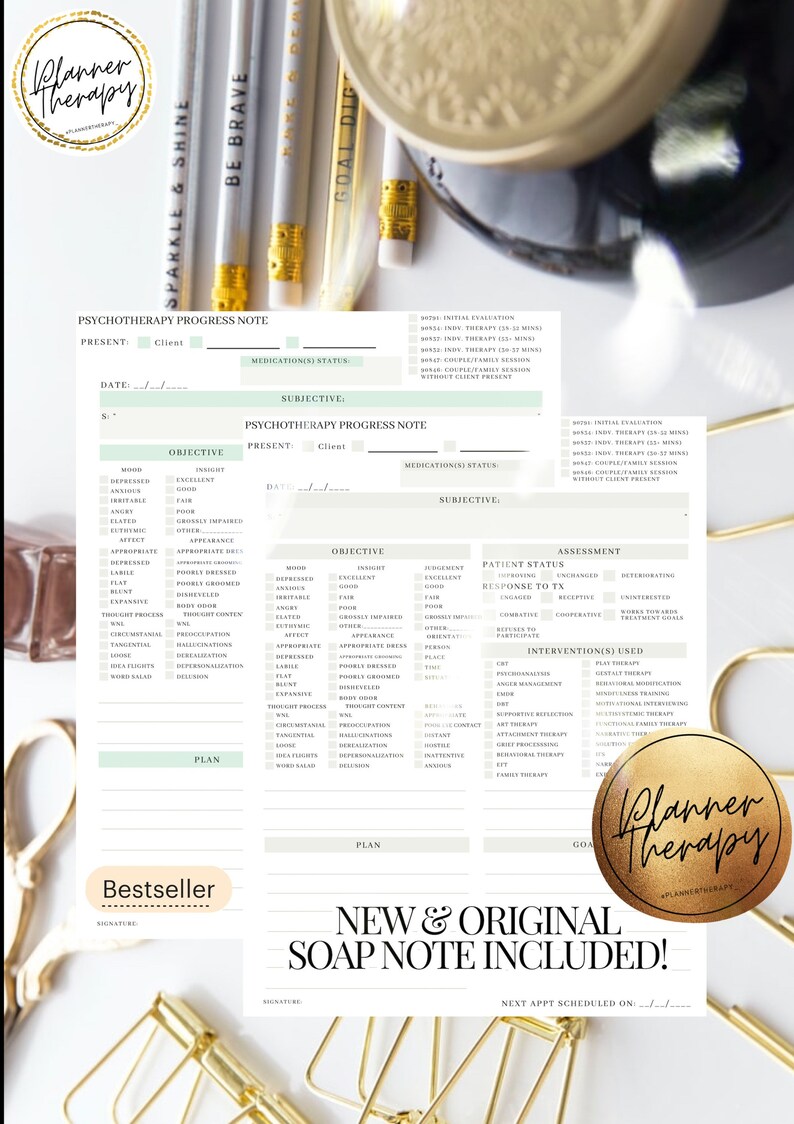 May include: A printable psychotherapy progress note template with a green and white color scheme. The template includes sections for objective, subjective, assessment, interventions used, and plan. The template also includes a section for medication status and a section for next appointment scheduling. The template is labeled "Bestseller" and "New & Original Soap Note Included!"