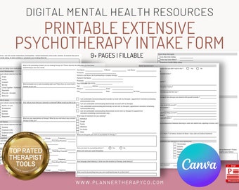 May include: A printable psychotherapy intake form with a gold seal that says "Top Rated Therapist Tools". The form is designed to be filled out by a patient before their first therapy session. The form includes questions about the patient's personal information, mental health history, and goals for therapy. The form is 9+ pages long and is fillable.