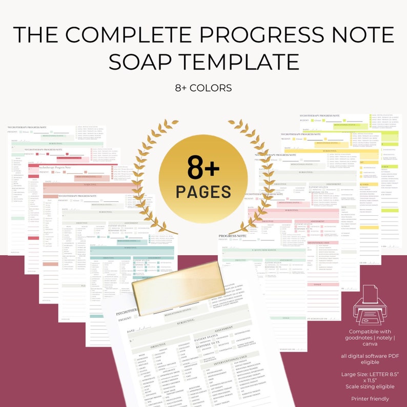 May include: A digital template for SOAP notes with 8+ pages. The template is compatible with Goodnotes, Notely, and Canva. It is printer friendly and comes in 8+ colors.