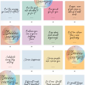 May include: A set of 12 colorful planner therapy cards with inspirational quotes. The cards are arranged in a grid of four rows and three columns. Each card has a different color background and a different quote. The quotes are all about self-love, positivity, and motivation.