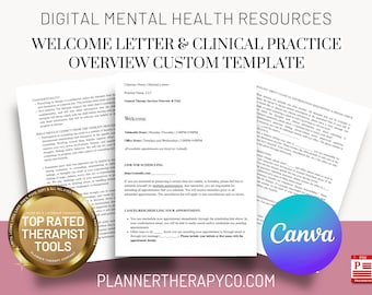Könnte beinhalten: Eine digitale Vorlage für ein Willkommensbrief und eine Übersicht über die klinische Praxis für Psychotherapeuten. Die Vorlage enthält ein goldenes Siegel mit dem Text "Top Rated Therapist Tools" und dem Text "Planner Therapy Company". Die Vorlage enthält auch einen Abschnitt für die Terminplanung und einen Abschnitt für die Stornierung oder Umplanung von Terminen.