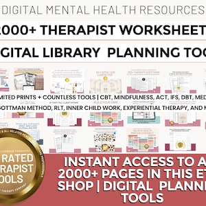 May include: A collage of digital printable worksheets for therapists. The image features a gold seal with the text "Top Rated Therapist Tools" and the text "2000+ Therapist Worksheets | Digital Library Planning Tools".